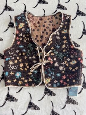 GORGLITTER NWT Floral Tapestry Tie Front Boho Vest Brown Size L